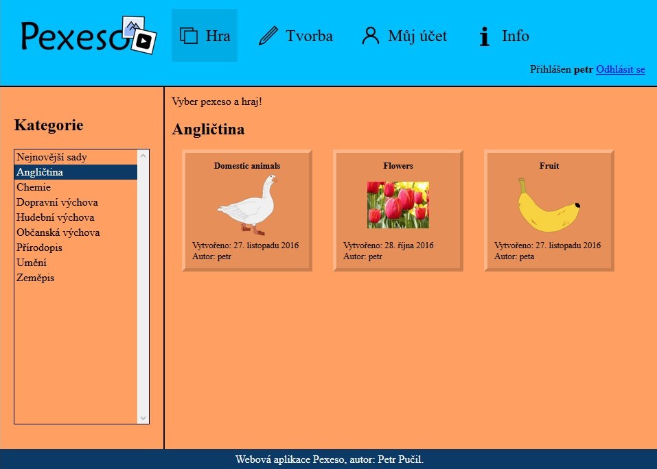 Úvodní obrazovka s výběrem pexesa pro hru